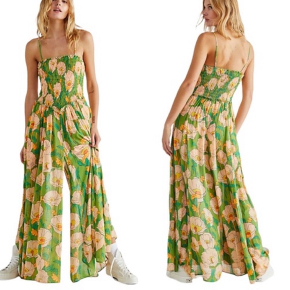 Free People Pants - NEW Free People Sophia Smocked Wide Leg Floral Jumpsuit Medium NWOT